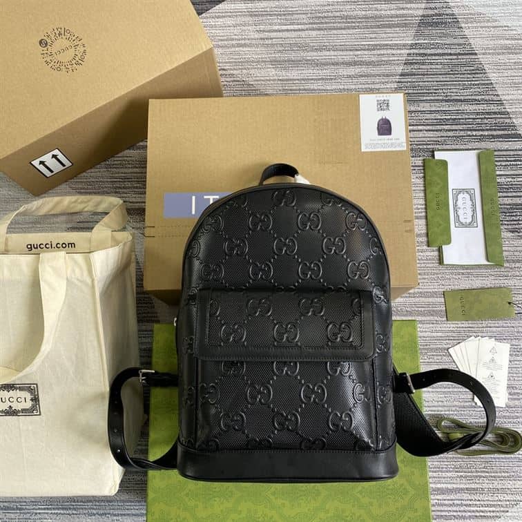 Gucci Logo Embossed Leather Backpack - Black