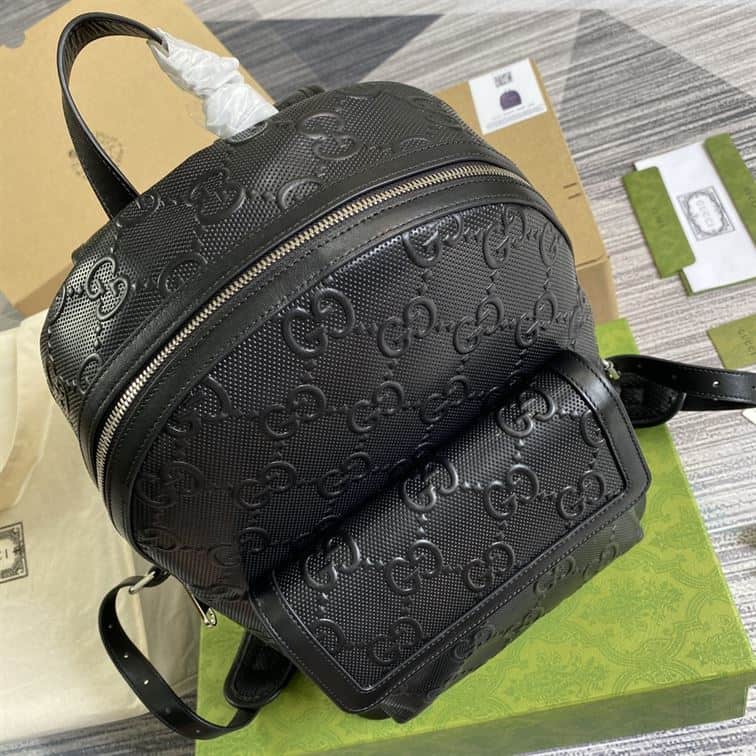 Gucci Logo Embossed Leather Backpack - Black