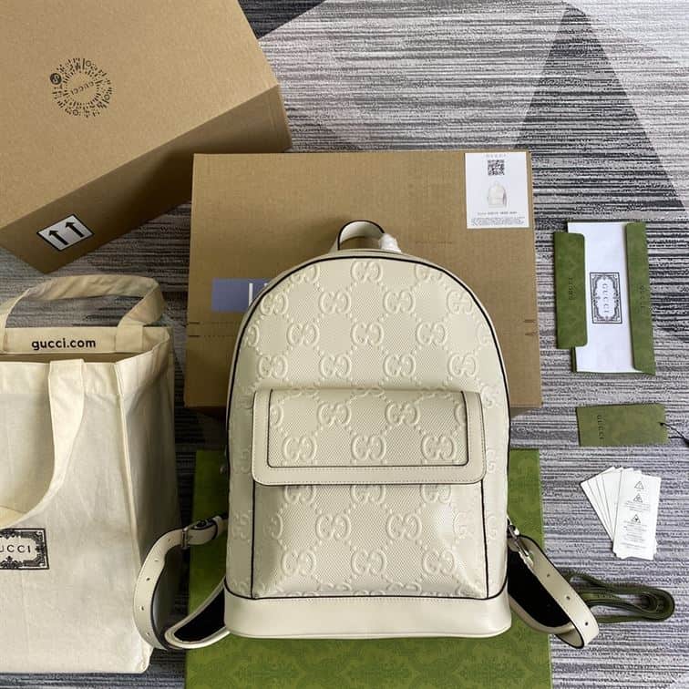 Gucci Logo Embossed Leather Backpack - White