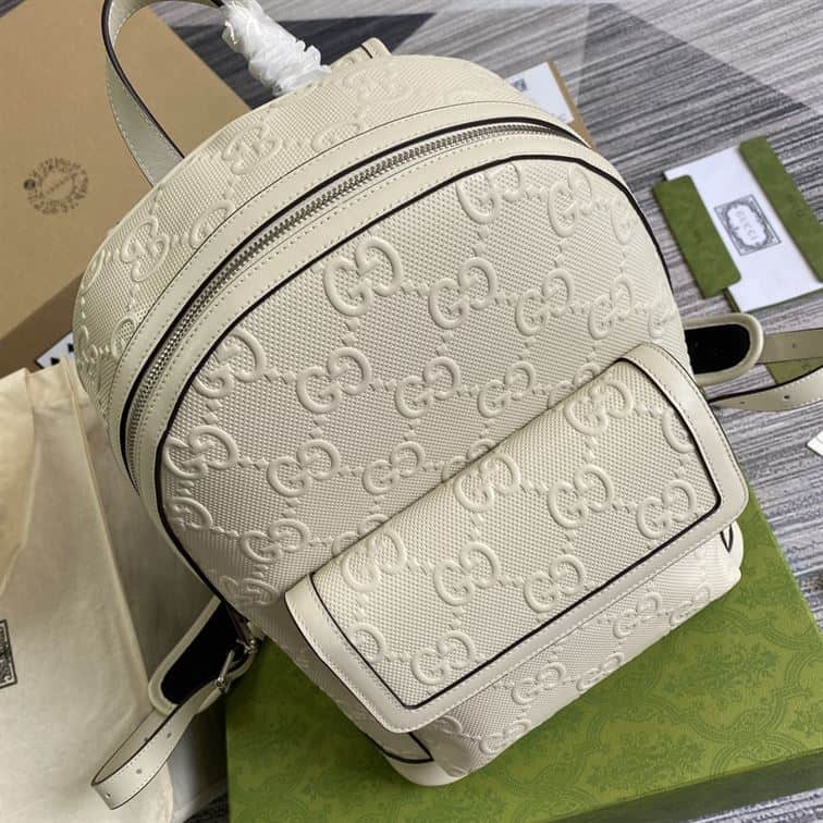 Gucci Logo Embossed Leather Backpack - White