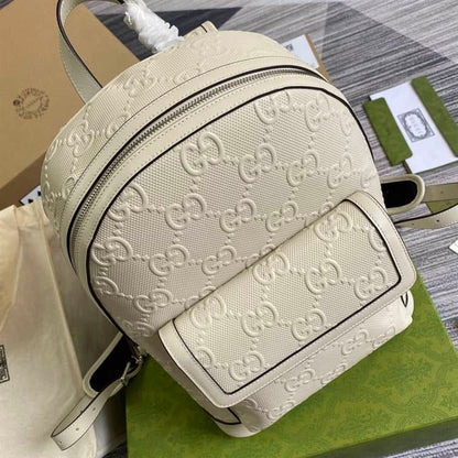 Gucci Logo Embossed Leather Backpack - White