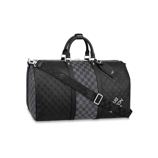 LV Keepall Bandouliere Damier Leather Duffle Bag - Black/Grey