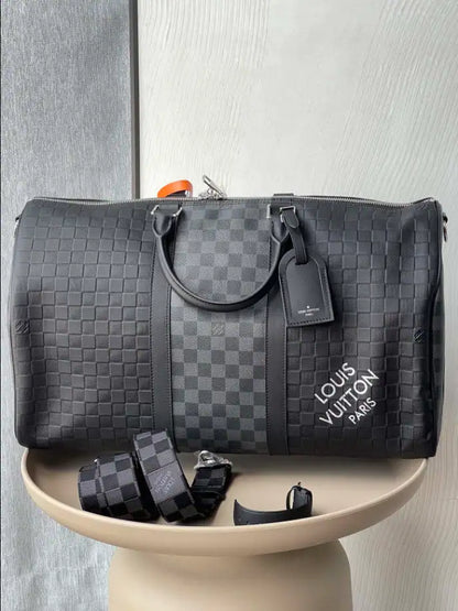 LV Keepall Bandouliere Damier Leather Duffle Bag - Black/Grey