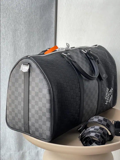 LV Keepall Bandouliere Damier Leather Duffle Bag - Black/Grey