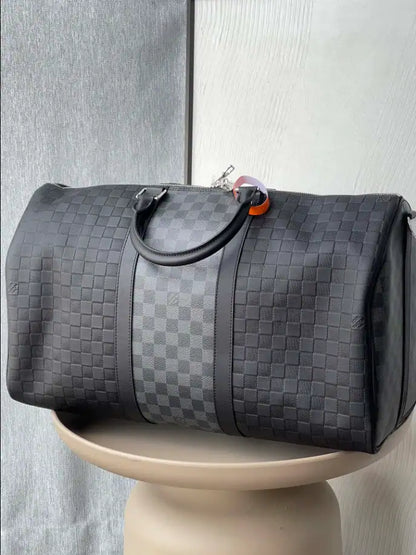 LV Keepall Bandouliere Damier Leather Duffle Bag - Black/Grey