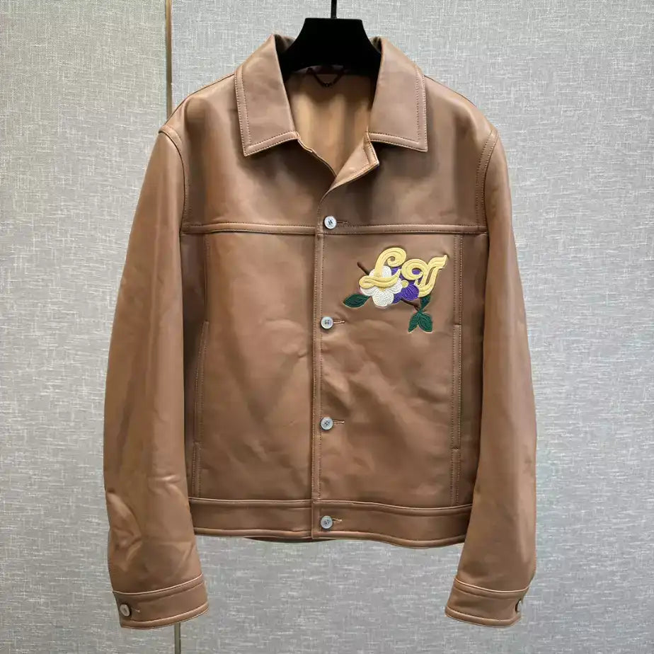 LV Embroidered Leather Jacket - Brown