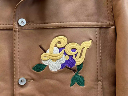 LV Embroidered Leather Jacket - Brown