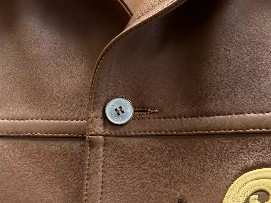 LV Embroidered Leather Jacket - Brown