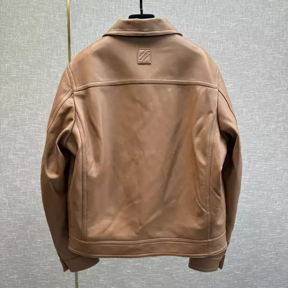 LV Embroidered Leather Jacket - Brown