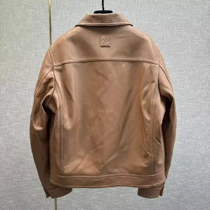 LV Embroidered Leather Jacket - Brown