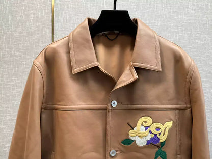 LV Embroidered Leather Jacket - Brown