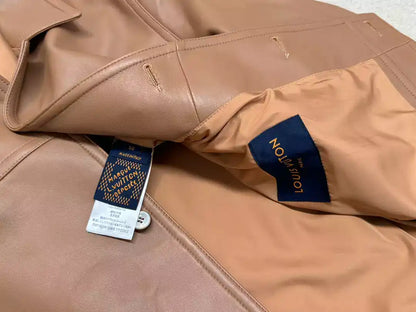 LV Embroidered Leather Jacket - Brown