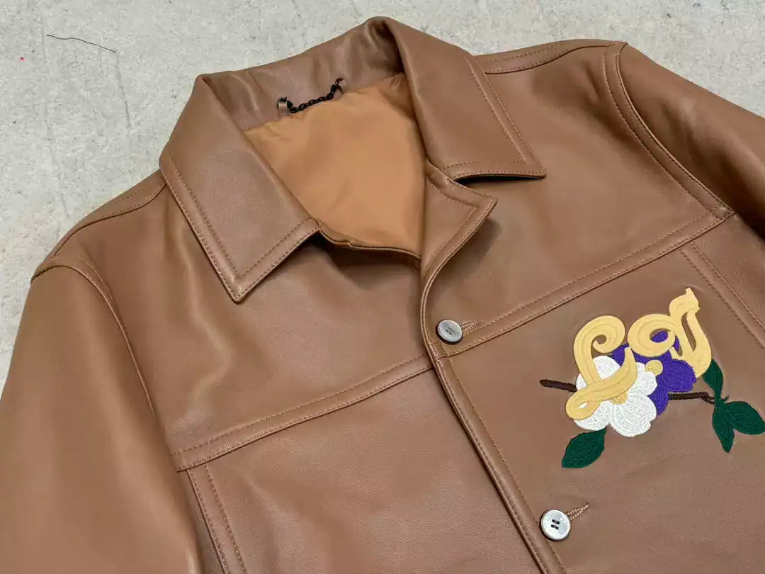 LV Embroidered Leather Jacket - Brown
