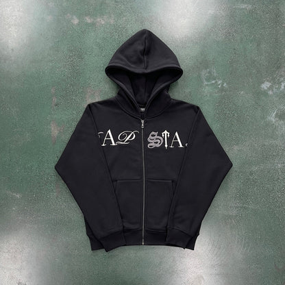 TS Script Zip Through Tracksuit - Black Washed