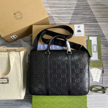 Gucci GG Embossed Leather Briefcase - Black