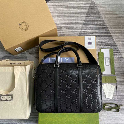 Gucci GG Embossed Leather Briefcase - Black