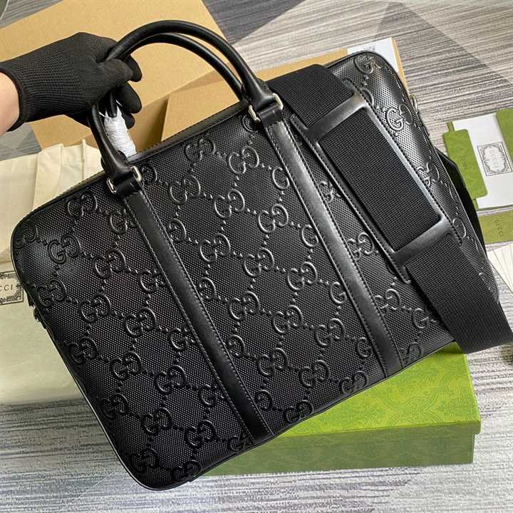 Gucci GG Embossed Leather Briefcase - Black